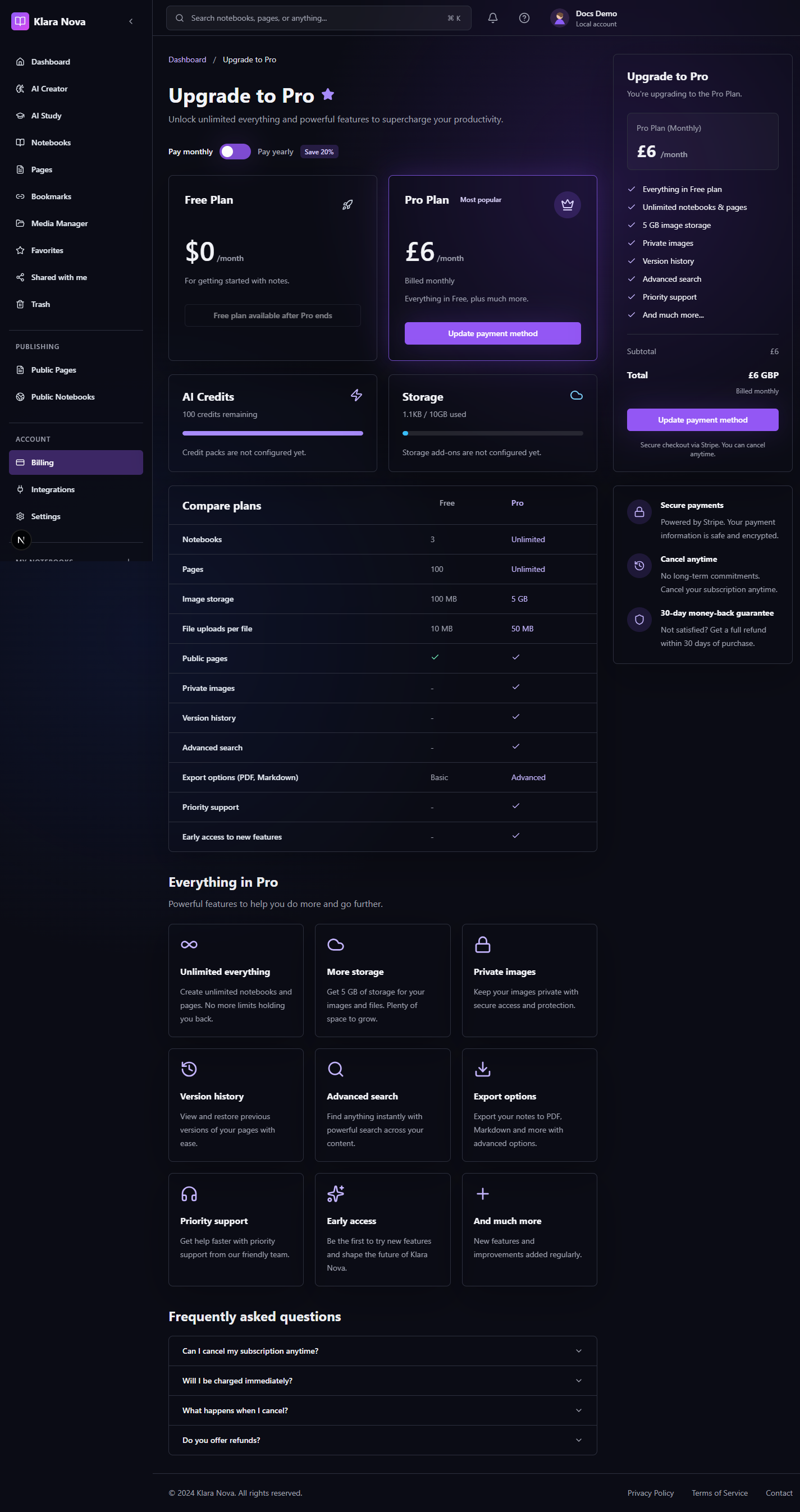 Klara Nova billing upgrade page