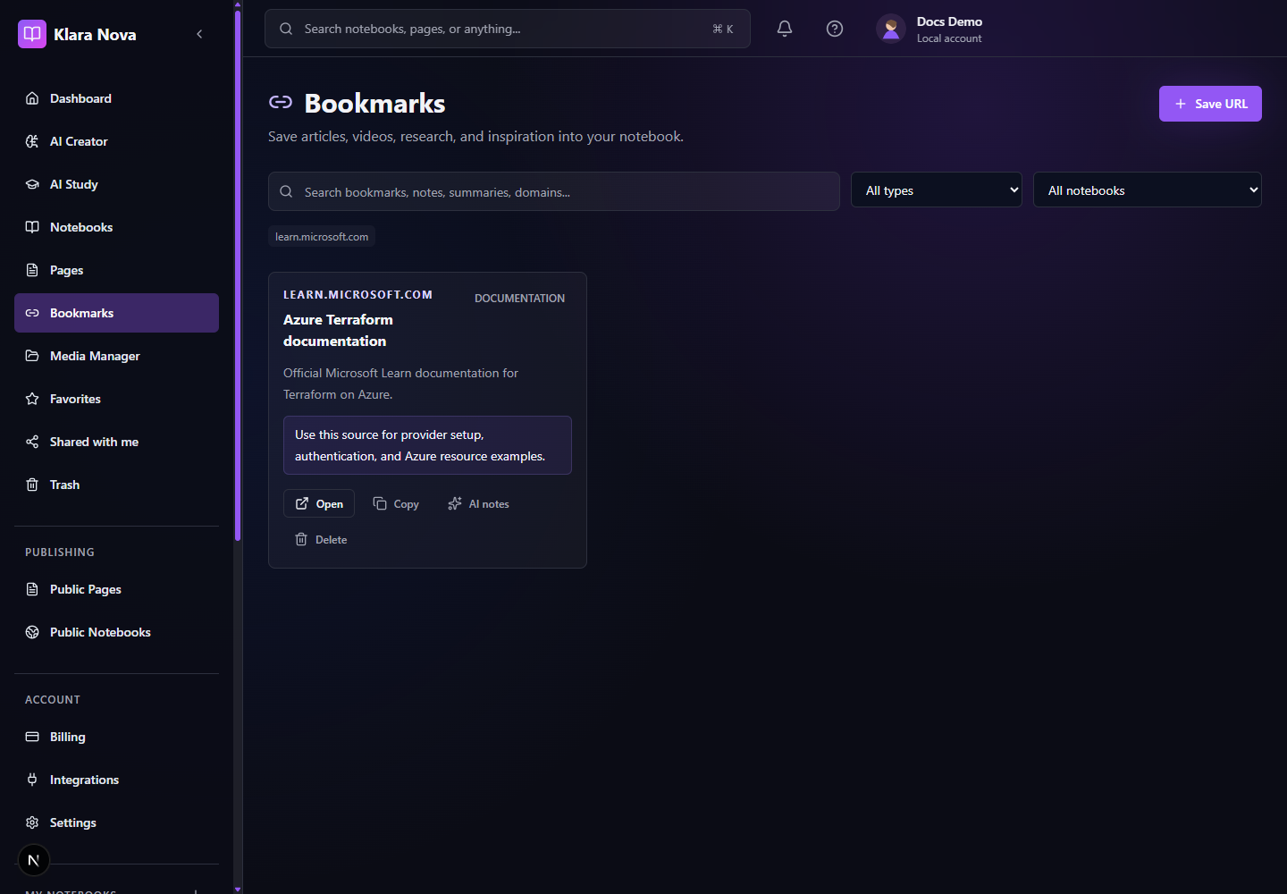 Klara Nova bookmarks research hub