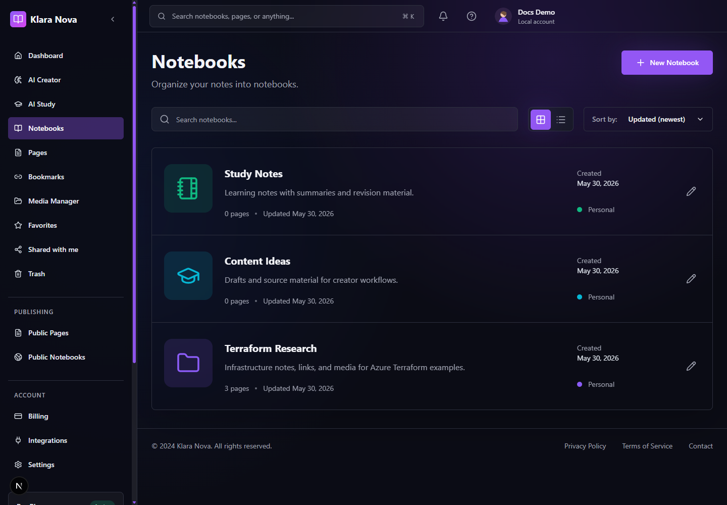 Klara Nova notebook list