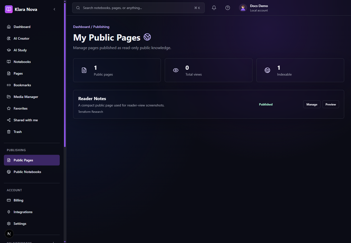 Klara Nova public page publishing settings