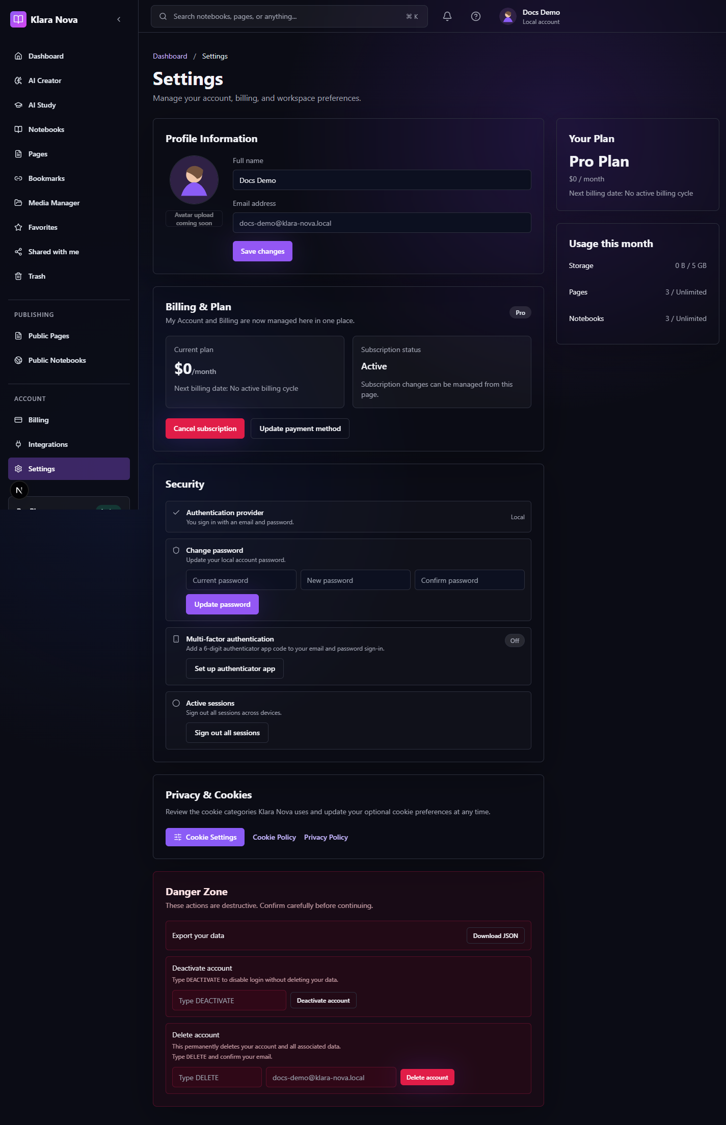 Klara Nova security and privacy settings
